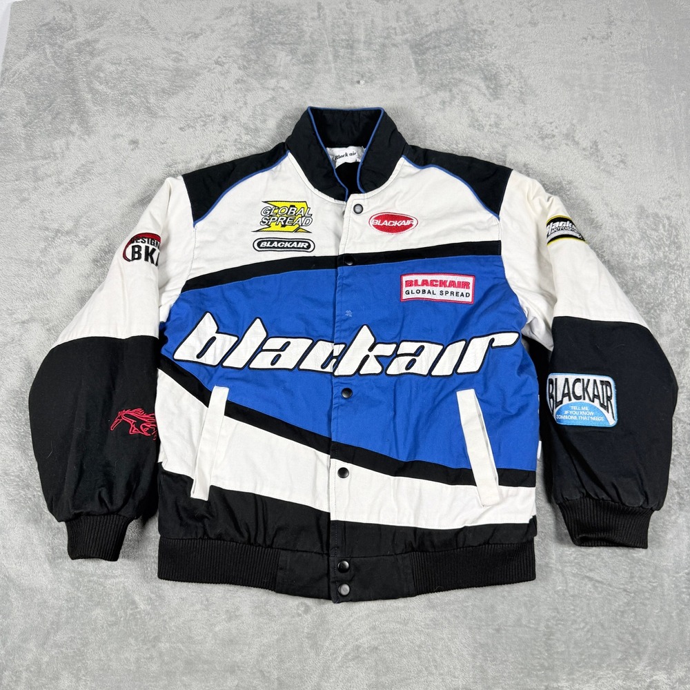 Blackair Mens Medium Racing Bomber Jacket Blue White Black Colorblock Moto Patch